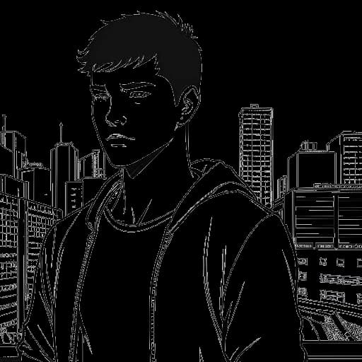 Dessin en ligne d'un homme, représentant Jake Paul, avec des cheveux courts et une tenue décontractée, ses yeux montrant l'immersion. L'arrière-plan passe sans transition entre un paysage urbain et un ring de boxe, le tout sur fond blanc.