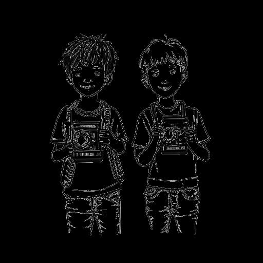 Desenho em arte linear de dois meninos, representando Jake e Logan Paul, gravando vídeos.