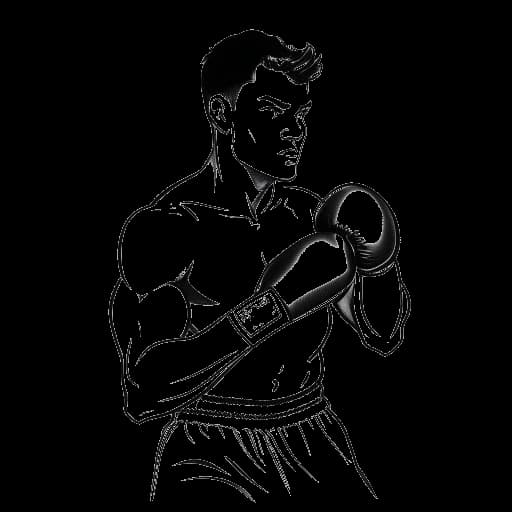 Desenho em arte linear de um jovem, representando Jake Paul, boxeando em um ringue.