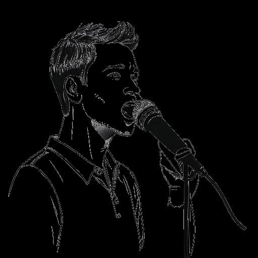Desenho em arte linear de um jovem, representando Jake Paul, atuando na frente de um microfone.
