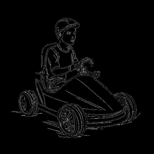 Desenho em arte linear de um jovem, representando Jake Paul, dirigindo um kart em uma cidade.