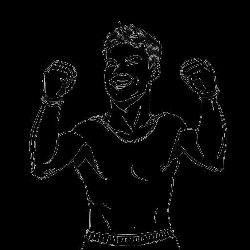 Desenho em arte linear de um jovem, representando Jake Paul, celebrando após uma luta de boxe.