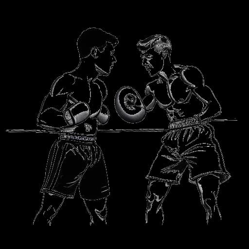 Desenho em arte linear de um jovem, representando Jake Paul, em um ringue de boxe, enfrentando Tyron Woodley.