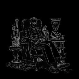 Dibujo en línea de un hombre, representando a Quentin Tarantino, sentado en una silla de director. Está rodeado de carteles de películas y sosteniendo una estatuilla de premio. La imagen es en blanco y negro y está ambientada en un fondo blanco.