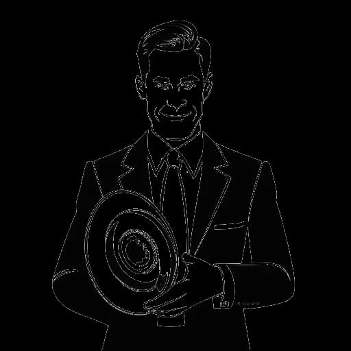 Dibujo en línea de un hombre, representando a Quentin Tarantino, con un peinado elegante y vistiendo un traje. Está sosteniendo una bobina de película. La imagen es en blanco y negro y está ambientada en un fondo blanco.