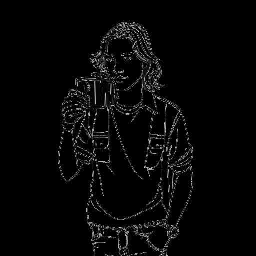 Dibujo en línea de un hombre, representando a Quentin Tarantino, con el pelo largo y vestido de manera informal, sosteniendo una cámara de cine. La imagen es en blanco y negro y está ambientada en un fondo blanco.