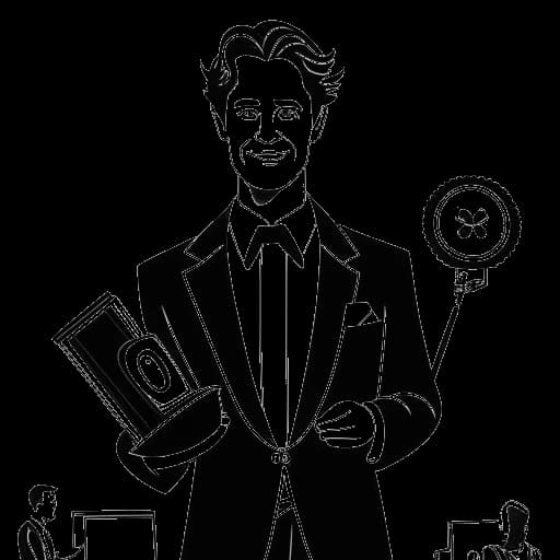 Lijntekening van een man die Quentin Tarantino voorstelt met rommelig haar, gekleed in een pak, een klapperbord in één hand houdend en een filmmolen in de ander. Het iconische Hollywood-teken dient als achtergrond, tegen een witte achtergrond.