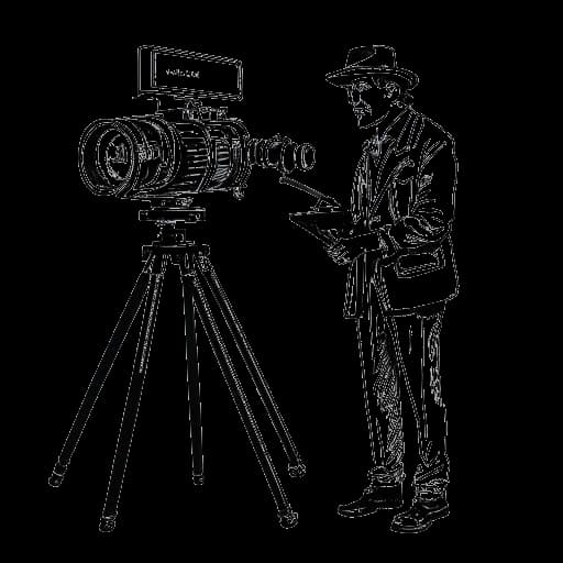 Lijntekening van een man, die Quentin Tarantino vertegenwoordigt, die een script vasthoudt en voor een filmcamera staat, met scènes uit 'Desperado' en 'Django Unchained' op de achtergrond