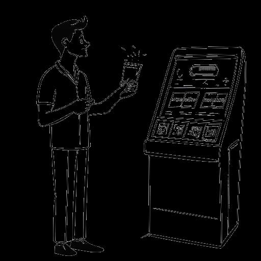 Lijntekening van een jonge man, die Quentin Tarantino vertegenwoordigt, die als kaartjescontroleur werkt in een bioscoop voor volwassenen, met op de achtergrond een raket