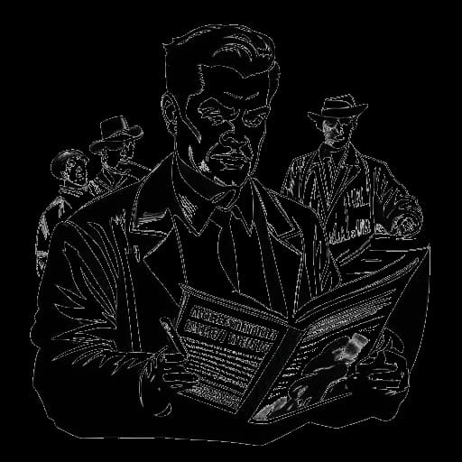 Lijntekening van een man, die Quentin Tarantino vertegenwoordigt, die een script vasthoudt, met scènes uit 'From Dusk Till Dawn' op de achtergrond