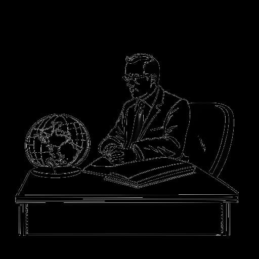 Lijntekening van een man, die Quentin Tarantino vertegenwoordigt, die aan een jurytafel zit, met een filmhaspel en een globe op de achtergrond