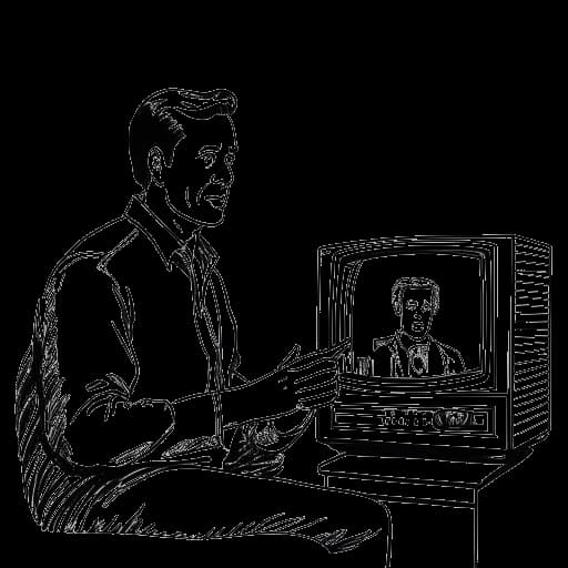 Lijntekening van een man, die Quentin Tarantino vertegenwoordigt, die een tv-afstandsbediening vasthoudt, met een oude westerse tv-show op de achtergrond