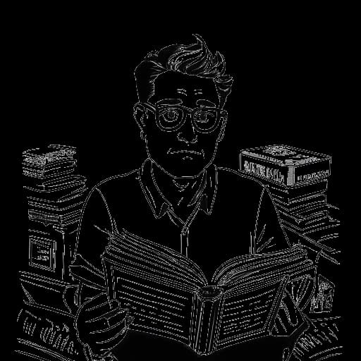 Lijntekening van een man, die Quentin Tarantino vertegenwoordigt, die een boek leest met film-posters en popcultuur referenties op de achtergrond