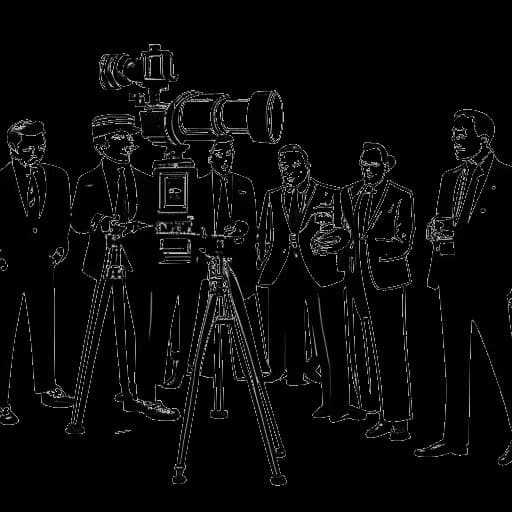 Lijntekening van een man, die Quentin Tarantino vertegenwoordigt, die een script vasthoudt en voor een filmcamera staat, met een groep mannen in pak op de achtergrond
