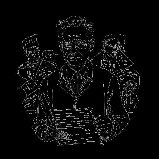 Lijntekening van een man, die Quentin Tarantino vertegenwoordigt, die een script vasthoudt, met unieke personages uit zijn films op de achtergrond
