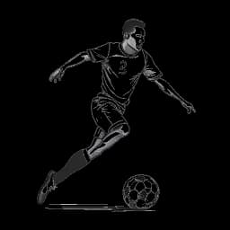 Een eenvoudige lijntekening van Theo Baker die een liefdadigheidsvoetbalshirts draagt en een voetbal naar een doel trapt. De afbeelding vertegenwoordigt zijn betrokkenheid bij liefdadigheidsvoetbalwedstrijden en zijn vaardigheid als speler.