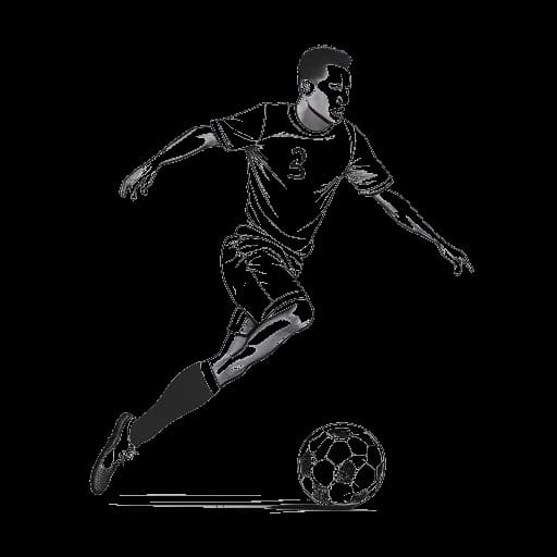 Een eenvoudige lijntekening van Theo Baker die een liefdadigheidsvoetbalshirts draagt en een voetbal naar een doel trapt. De afbeelding vertegenwoordigt zijn betrokkenheid bij liefdadigheidsvoetbalwedstrijden en zijn vaardigheid als speler.