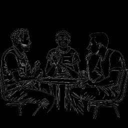 Een eenvoudige lijntekening van Theo Baker, REEV en Tom Garrett rond een microfoon, betrokken bij een gepassioneerd gesprek over voetbal. De afbeelding vertegenwoordigt hun kameraadschap en dynamiek als podcasthosts.