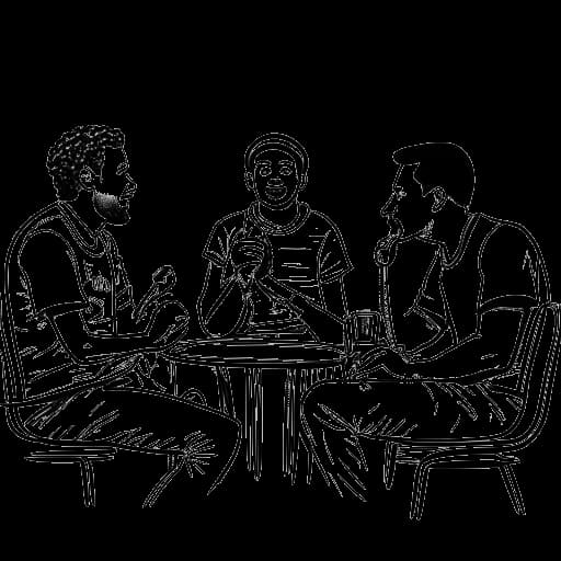 Een eenvoudige lijntekening van Theo Baker, REEV en Tom Garrett rond een microfoon, betrokken bij een gepassioneerd gesprek over voetbal. De afbeelding vertegenwoordigt hun kameraadschap en dynamiek als podcasthosts.