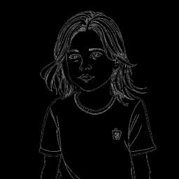 Een eenvoudige lijntekening van een jongen met lang haar en een voetbalshirt, die Theo Baker vertegenwoordigt. De afbeelding toont zijn liefde voor voetbal en zijn jeugdige geest.