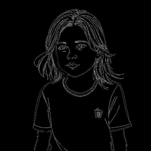 Een eenvoudige lijntekening van een jongen met lang haar en een voetbalshirt, die Theo Baker vertegenwoordigt. De afbeelding toont zijn liefde voor voetbal en zijn jeugdige geest.