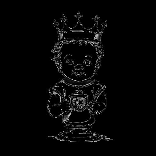 Dibujo de arte lineal de un niño pequeño, representando a Theo Baker, sosteniendo un trofeo y vistiendo una corona y una banda que dice 'Bebé del Año'.
