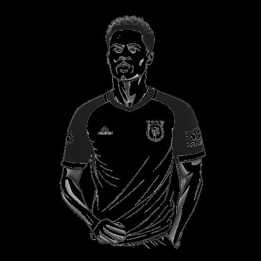 Dibujo de arte lineal de un joven, representando a Theo Baker, jugando al fútbol en un estadio.