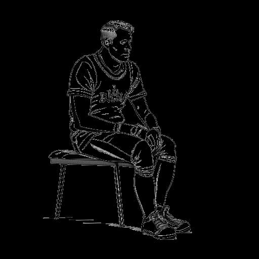 Dibujo de arte lineal de un hombre, representando a Theo Baker, sentado en la banda con una pierna vendada y sosteniendo un brazalete de capitán.