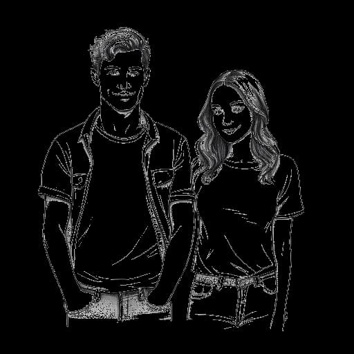 Dibujo de arte lineal de un joven, representando a Theo Baker, tomado de la mano con una joven, representando a Janine Curcher.