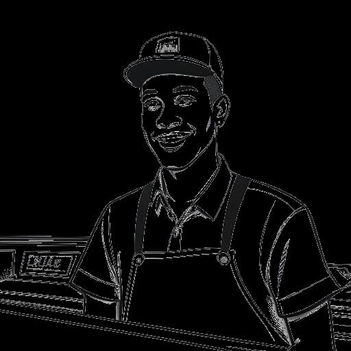 Dibujo de arte lineal de un joven, representando a Theo Baker, trabajando detrás del mostrador en McDonald's.