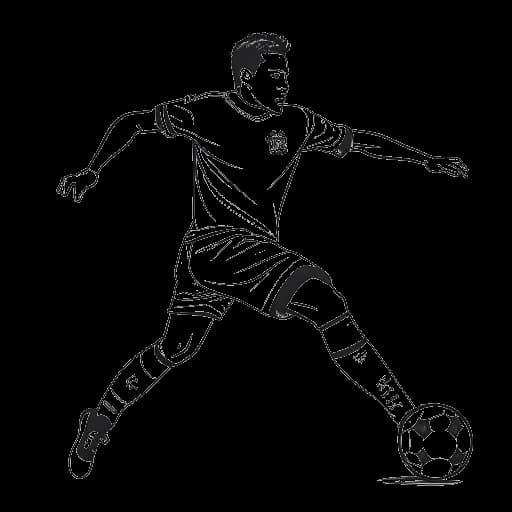 Dibujo de arte lineal de un hombre, representando a Theo Baker, marcando un gol en un partido de fútbol.