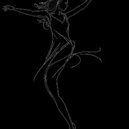 Dibujo de arte lineal de una mujer, que representa a Addison Rae, bailando alegremente frente a un fondo blanco.