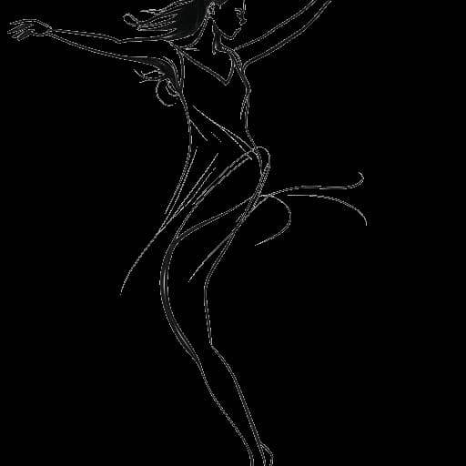 Dibujo de arte lineal de una mujer, que representa a Addison Rae, bailando alegremente frente a un fondo blanco.