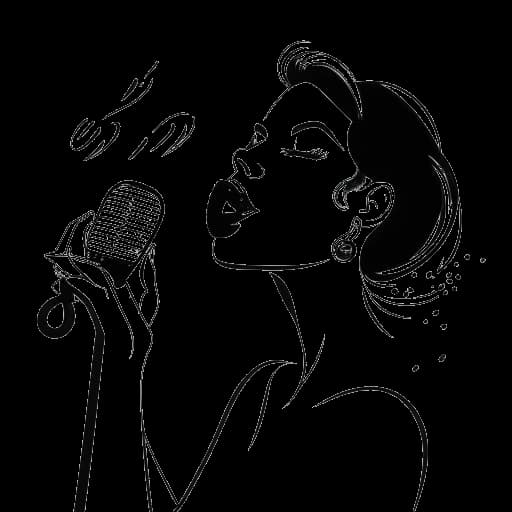 Dibujo de arte lineal de una mujer, que representa a Addison Rae, hablando en un micrófono con notas musicales flotando cerca y sosteniendo una paleta de maquillaje, frente a un fondo blanco.