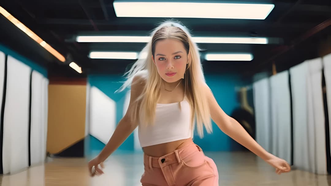 Addison Rae Easterling, çağdaş bir ortamda dans ederken, şık kıyafetler giyerken