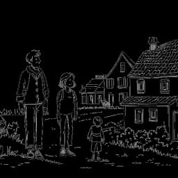 Strichzeichnung eines jungen Jungen, der Montana Black (Marcel Thomas Andreas Eris) repräsentiert, umgeben von Bildern, die auf seine Kindheit in einer kleinen deutschen Stadt mit seinen Großeltern gegen einen weißen Hintergrund hinweisen.