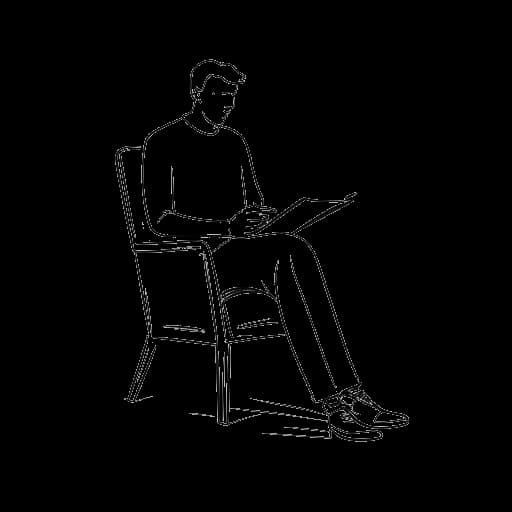 Strichzeichnung eines ruhigen Mannes, der Montana Black (Marcel Thomas Andreas Eris) darstellt, der mit einem Buch und einem Stift sitzt und seine Karriere als Schriftsteller reflektiert gegen einen weißen Hintergrund.