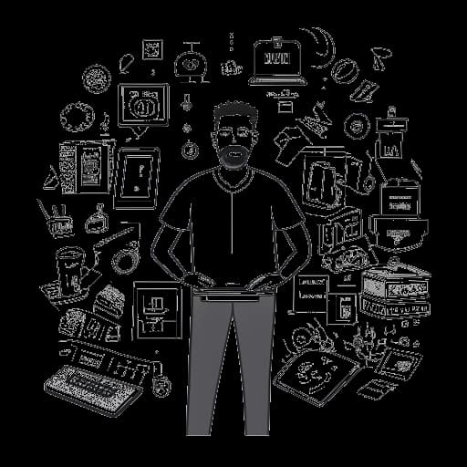 Strichzeichnung eines Mannes, der Montana Black repräsentiert, betont seine Einnahmequellen aus der Erstellung von Gaming-Inhalten, dem Besitz einer E-Commerce-Plattform und der Mitbegründung eines Online-Casinos. Der Hintergrund veranschaulicht Themen der digitalen Unternehmertätigkeit und Unterhaltung.