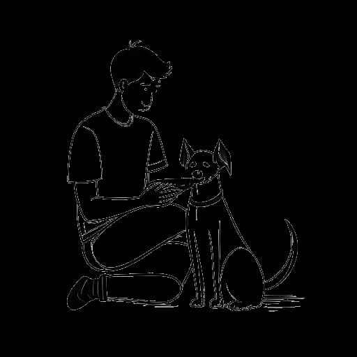Strichzeichnung eines Mannes, der Montana Black darstellt, mit kurzen Haaren, der ein Buch liest. Ein Hund sitzt neben ihm.