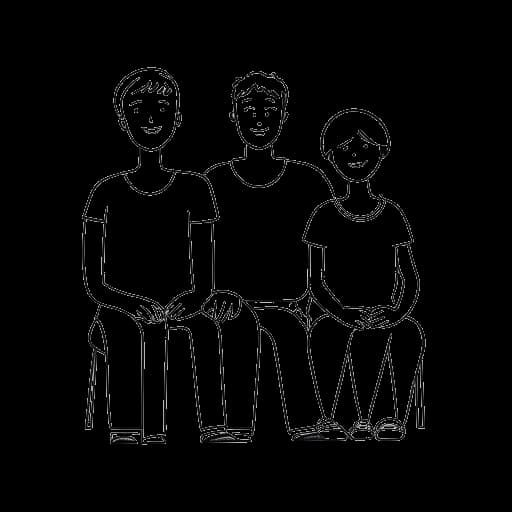 Strichzeichnung eines Mannes, der Montana Black darstellt, mit kurzen Haaren, der mit seiner Familie sitzt und Händchen hält.