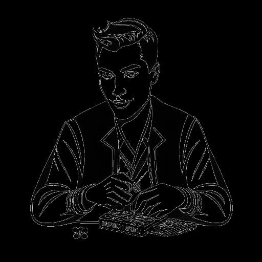 Strichzeichnung eines Mannes, der Montana Black darstellt, mit kurzen Haaren, der einen Würfel und eine Pokerkarte hält. Im Hintergrund ist ein Casino-Logo zu sehen.