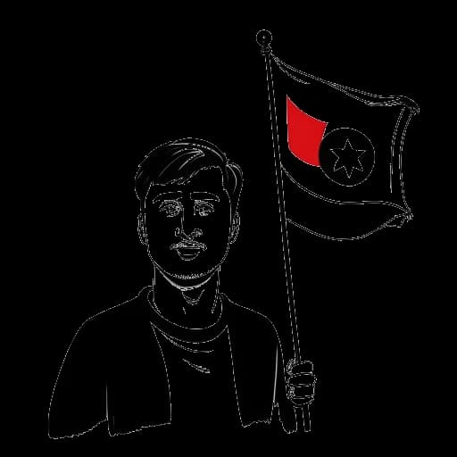 Strichzeichnung eines Mannes, der Montana Black darstellt, mit kurzen Haaren, der eine türkische Flagge hält. Im Hintergrund ist ein Banner 'Sprachliches Bedauern' zu sehen.
