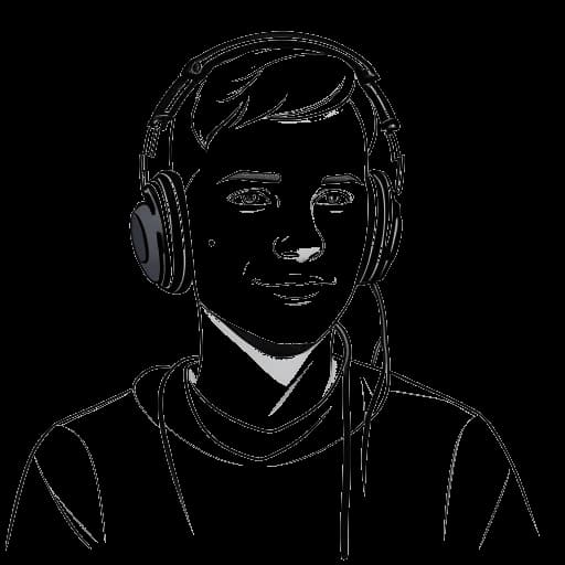 Strichzeichnung eines Mannes, der Montana Black darstellt, mit kurzen Haaren, der ein Headset trägt und live auf Twitch streamt. Im Hintergrund ist eine deutsche Flagge zu sehen.