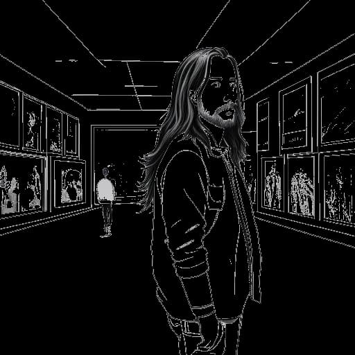 Dessin en ligne d'un homme, représentant Vito Schnabel, aux cheveux longs habillé de manière décontractée. Il se tient avec confiance devant une galerie d'art moderne. Des œuvres d'art numériques et des NFT sont présentées de manière proéminente sur des écrans l'entourant, le tout sur fond blanc.
