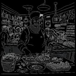 Dessin en ligne d'un homme, représentant Vito Schnabel, avec une barbe, portant une tenue de chef. Il se tient avec confiance dans une scène animée de restaurant. Des œuvres d'art sont intégrées avec grâce dans la décoration du restaurant, le tout sur fond blanc.