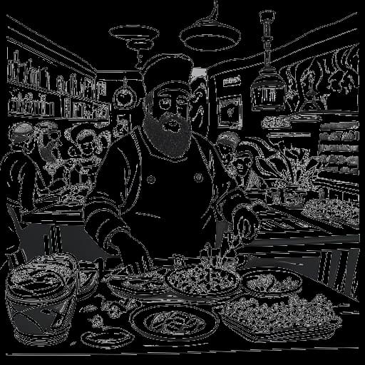 Dessin en ligne d'un homme, représentant Vito Schnabel, avec une barbe, portant une tenue de chef. Il se tient avec confiance dans une scène animée de restaurant. Des œuvres d'art sont intégrées avec grâce dans la décoration du restaurant, le tout sur fond blanc.