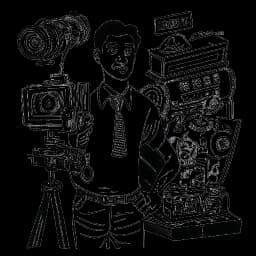 Dessin en ligne d'un homme, représentant Vito Schnabel, avec une expression créative et intense. Il tient une caméra de cinéma et une ardoise de tournage. L'arrière-plan présente divers accessoires et symboles liés au cinéma, le tout sur fond blanc.