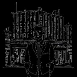 Dessin en ligne d'un homme, représentant Vito Schnabel, aux cheveux courts, portant un costume. Il se tient fièrement devant sa galerie d'art, située à Manhattan, entouré d'icônes emblématiques de New York, le tout sur fond blanc.