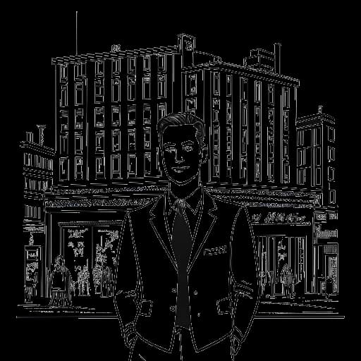 Dessin en ligne d'un homme, représentant Vito Schnabel, aux cheveux courts, portant un costume. Il se tient fièrement devant sa galerie d'art, située à Manhattan, entouré d'icônes emblématiques de New York, le tout sur fond blanc.