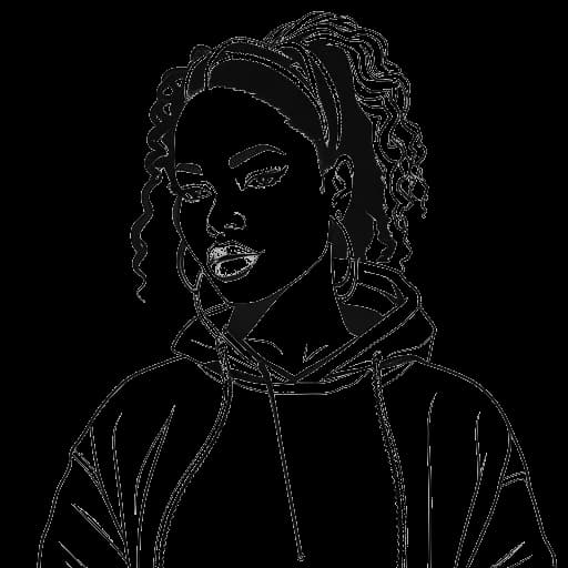 Lijnart-tekening van een vrouw die Nicki Minaj vertegenwoordigt, met kleurrijk levendig haar, in urban streetwear, straalt zelfvertrouwen uit. De afbeelding toont haar opkomst in de muziekindustrie.